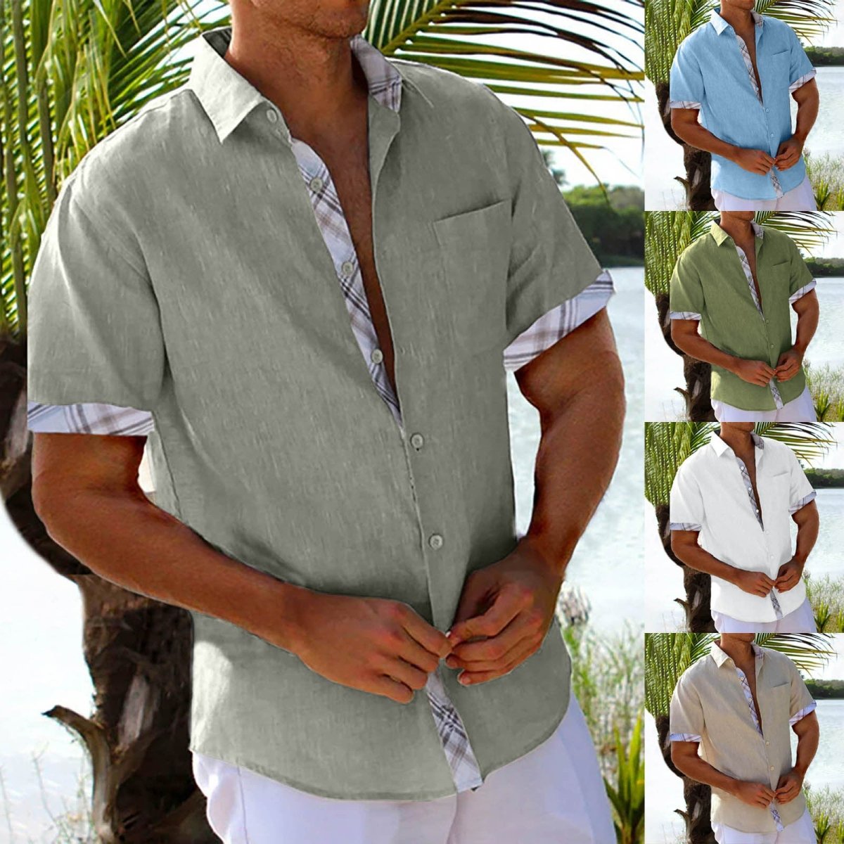Ancient Energy men's short sleeve vacation shirt with plaid side panels, featuring a relaxed summer Hawaii beach style.