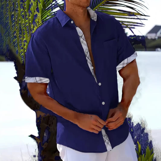 Men's vacation short sleeve shirt with plaid side panels, lightweight summer Hawaii beach top by Ancient Energy.