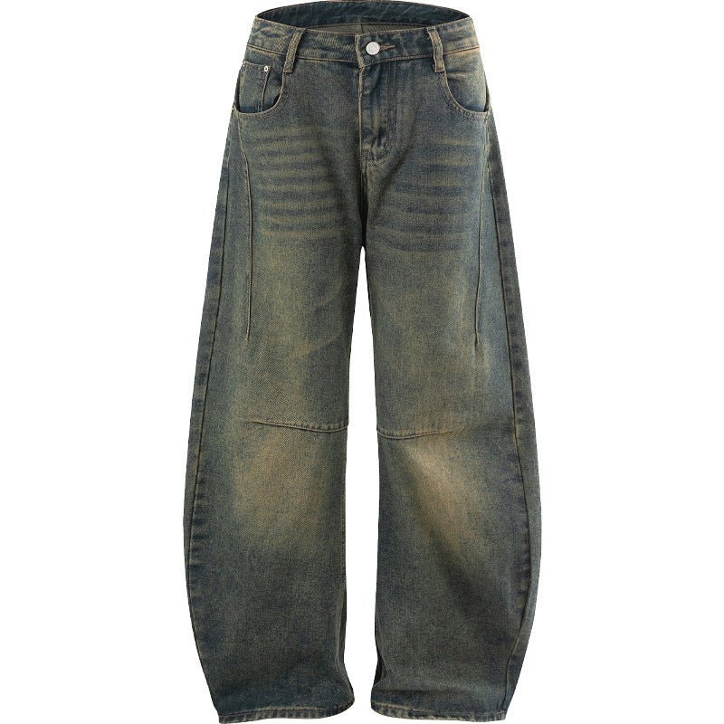 Ancient Energy men's straight-leg denim jeans, versatile high-street style, shown on a model with a classic fit and dark wash.