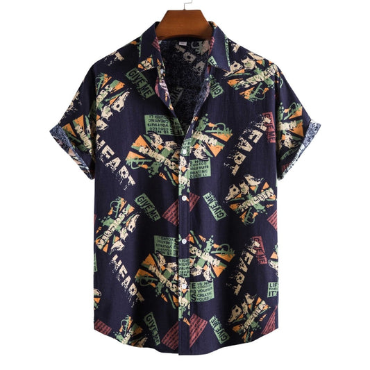 Vintage letter print men's casual short sleeve shirt with turn-down collar, loose fit, summer fashion streetwear by Ancient Energy.