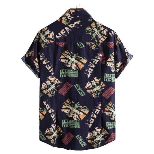 Vintage letter print men's casual short sleeve turn-down collar shirt by Ancient Energy, loose fit, summer streetwear style.