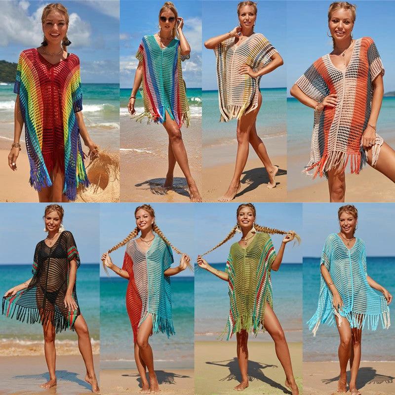 Women's knitted colorful striped beach blouse by Ancient Energy, featuring vibrant, lightweight fabric and a relaxed fit.