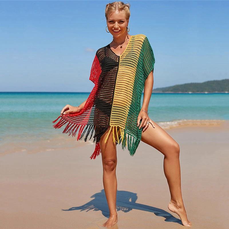 Women's knitted colorful striped beach blouse by Ancient Energy, with vibrant pattern and lightweight, casual fit.
