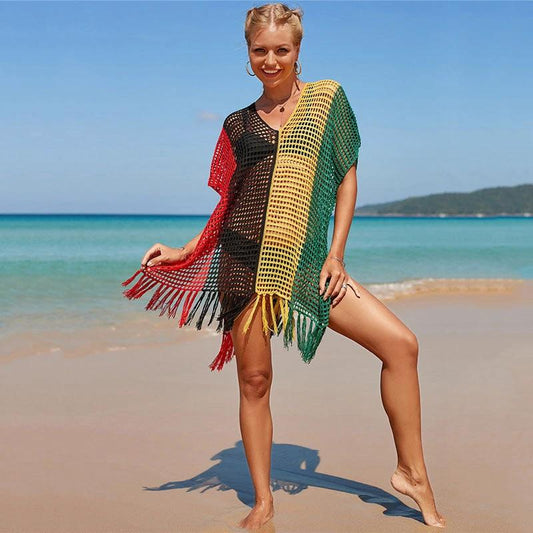 Women's knitted colorful striped beach blouse by Ancient Energy, with vibrant pattern and lightweight, casual fit.