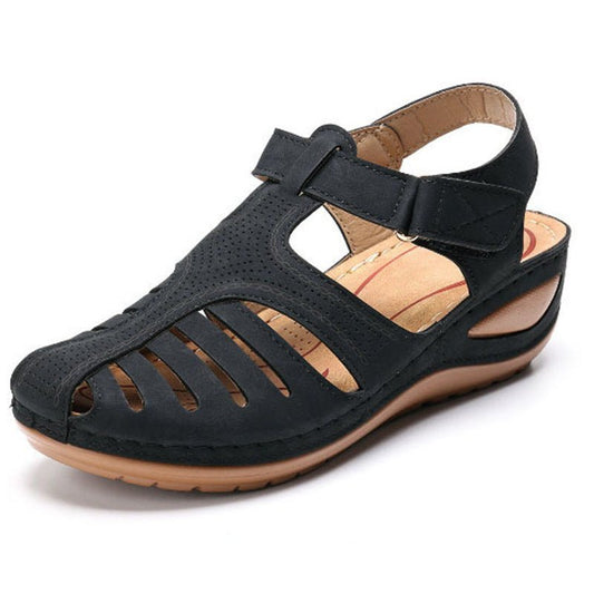 Plus size women's retro wedge sandals with round toes from Ancient Energy, featuring a stylish open-toe design and comfortable fit.