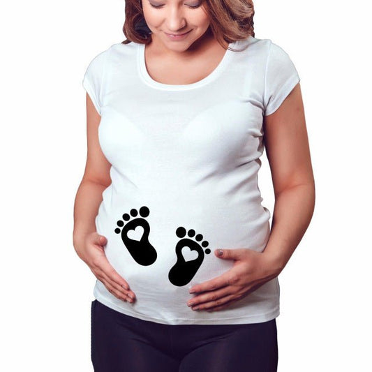 Slim maternity women’s T-shirt with funny letter print, O-neck design by Ancient Energy, suitable for pregnancy and casual wear.