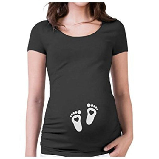 Slim maternity women’s T-shirt by Ancient Energy featuring a funny letter design and O-neck style for pregnancy comfort.