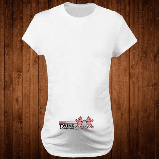 Women’s slim maternity T-shirt by Ancient Energy featuring a funny letter design, O-neck style, perfect for pregnancy.