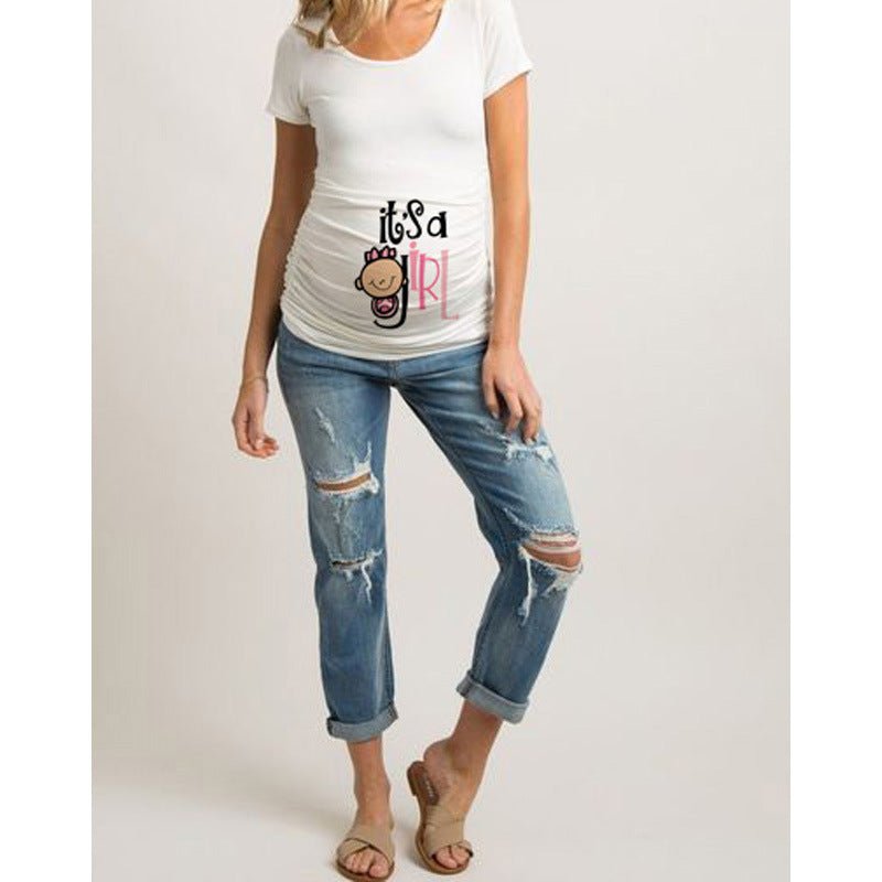 Ancient Energy women's slim maternity T-shirt with funny letter print, O-neck style, designed for pregnancy comfort.