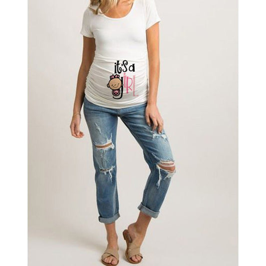 Ancient Energy women's slim maternity T-shirt with funny letter print, O-neck style, designed for pregnancy comfort.