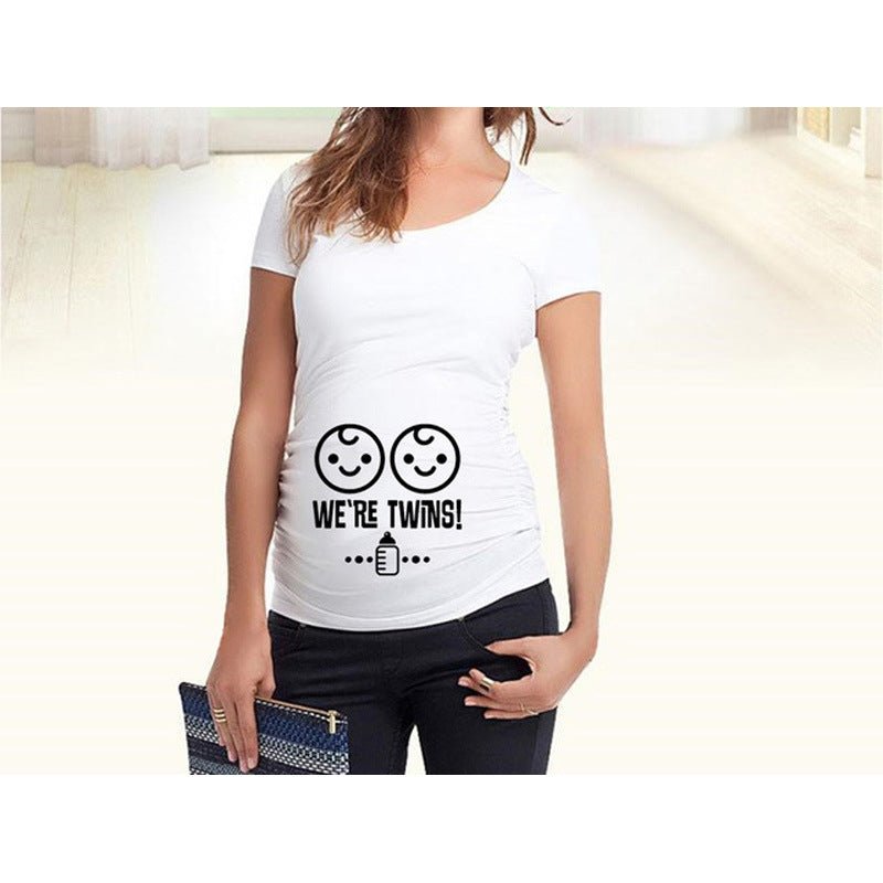 Slim maternity women's T-shirt by Ancient Energy featuring funny letter print, O-neck style, designed for pregnancy comfort.