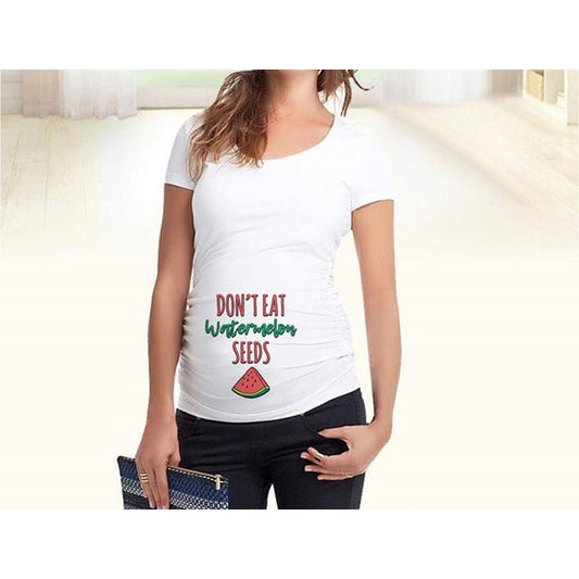 Slim maternity women’s T-shirt by Ancient Energy featuring funny letter print, O-neck style, designed for pregnancy comfort.