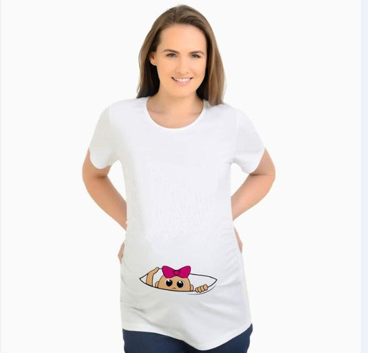 Slim maternity women’s T-shirt by Ancient Energy featuring funny letter print, O-neck design, perfect for pregnancy comfort.