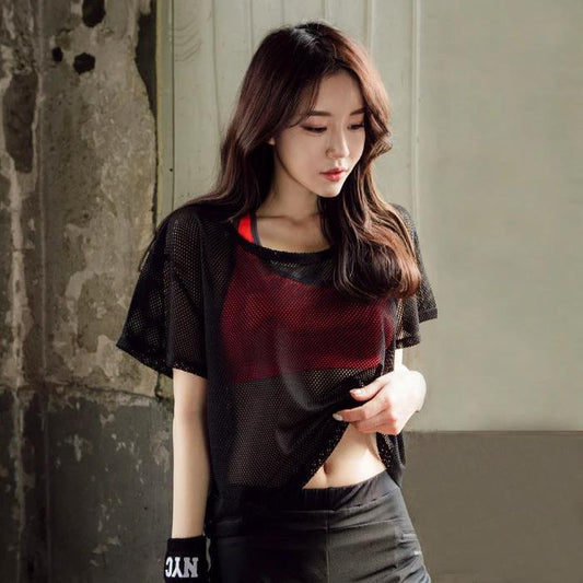 Ancient Energy women's yoga shirt with hollow mesh design, crop top, breathable fabric, ideal for running, fitness, and gym workouts.