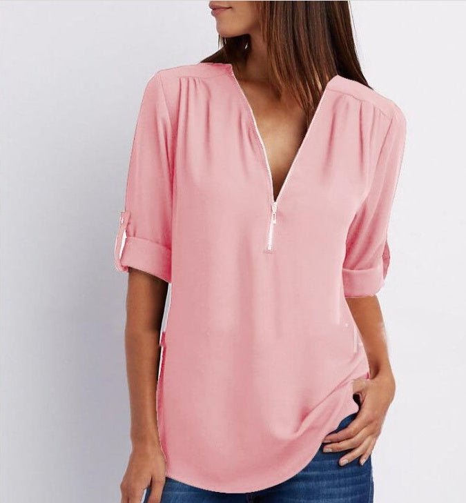 Loose short sleeve zip V-neck shirt for women by Ancient Energy, casual and comfortable top with relaxed fit.