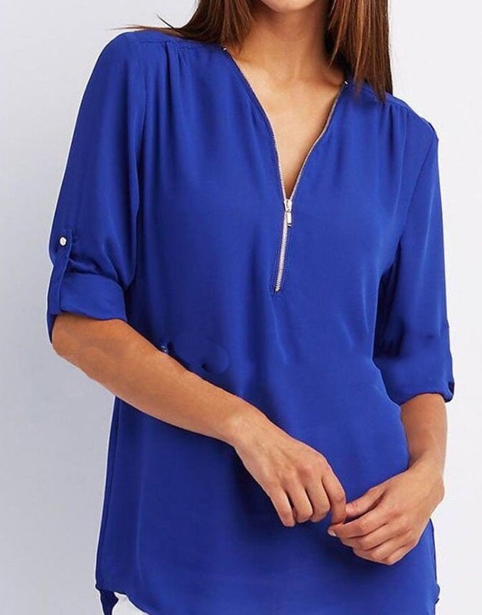 Loose women's short sleeve zip V-neck shirt by Ancient Energy, casual top with relaxed fit and lightweight fabric.