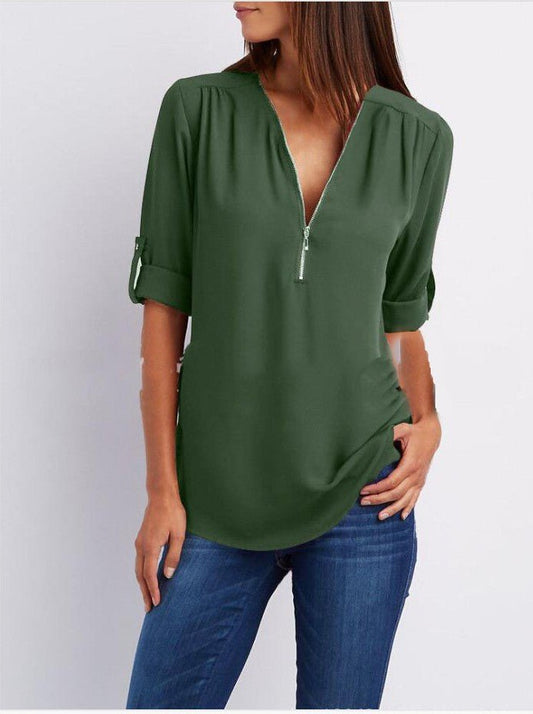 Loose fit women's Zip V-neck shirt with short sleeves from Ancient Energy, casual and comfortable for everyday wear.