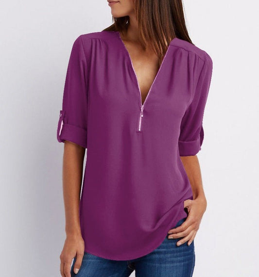 Ancient Energy women's short sleeve zip V-neck shirt with a loose fit, lightweight and comfortable for casual wear.