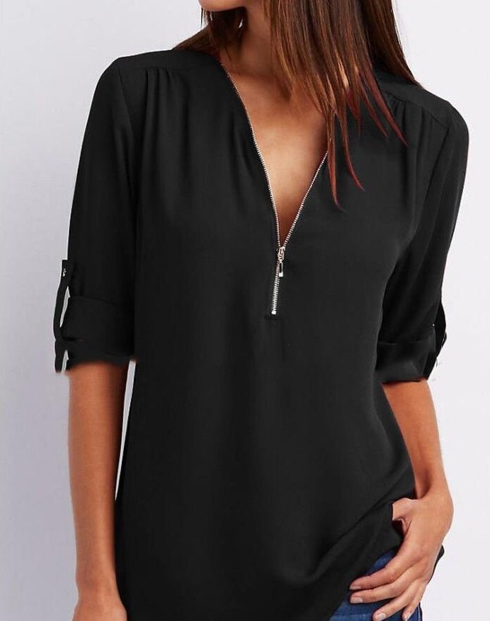 Ancient Energy women's short sleeve zip V-neck shirt with a loose fit, casual and comfortable women's top.