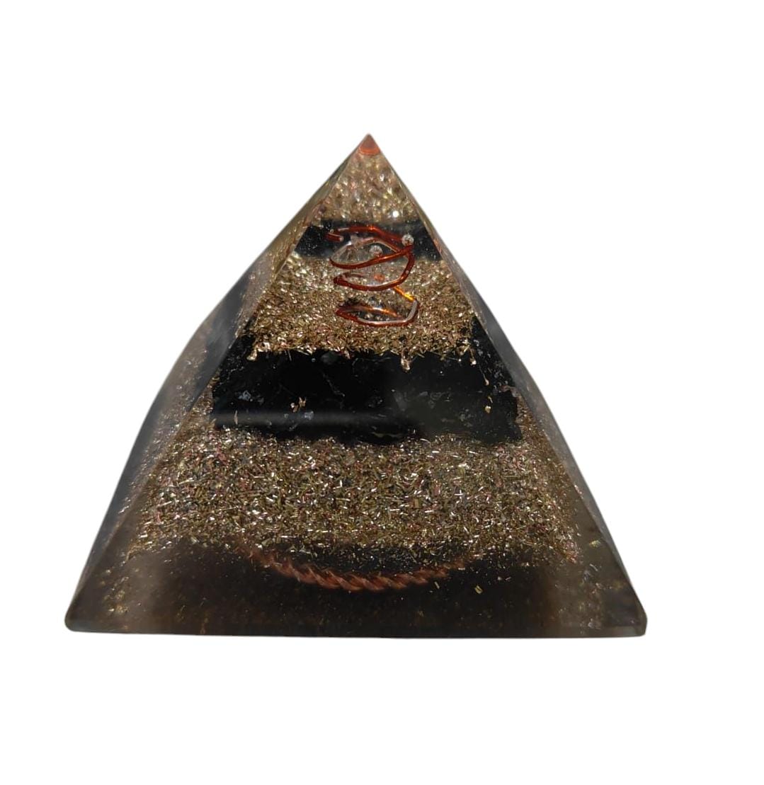 Mini orgone protection pyramid made of brass and copper with black tourmaline, designed for energy shielding and spiritual protection.