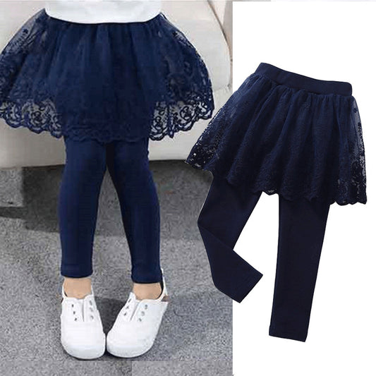 Children's cotton leggings with lace skirt design by Ancient Energy, featuring a cute girls' pants and skirt combo.