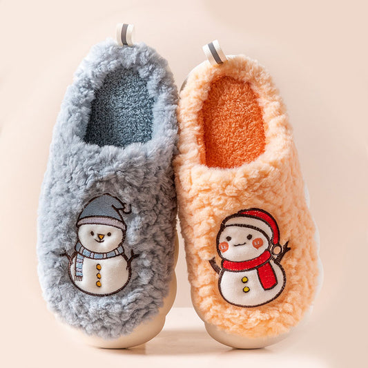 Cute Snowman Slippers Winter Indoor Household Warm Plush Thick-Soled Anti-slip Couple Home Slipper Soft Floor Bedroom House Shoes - MANDOTOS