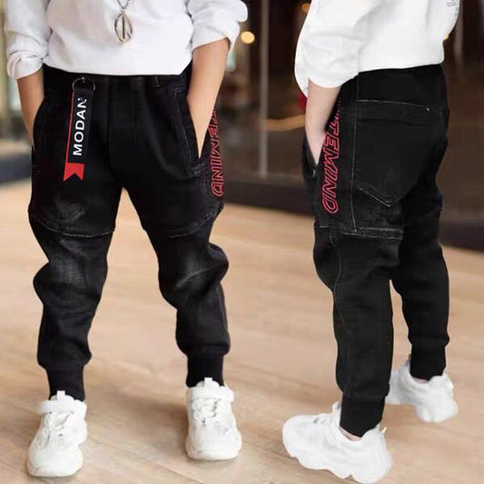 Kids black jeans by Ancient Energy, single spring and autumn boys' pants, featuring a comfortable fit and casual style.