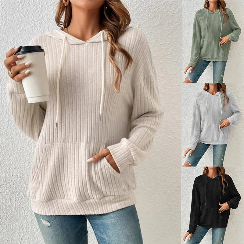 Fashion Drawstring Long-sleeved Hooded Sweatshirt With Pockets Solid Sunken Stripe Hoodie Knitwear Womens Clothing - MANDOTOS