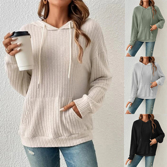 Fashion Drawstring Long-sleeved Hooded Sweatshirt With Pockets Solid Sunken Stripe Hoodie Knitwear Womens Clothing - MANDOTOS