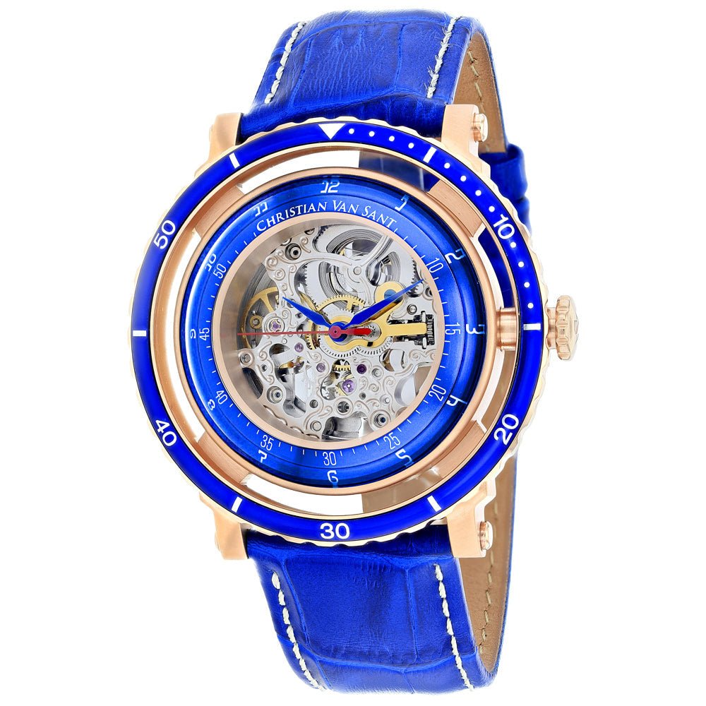 Christian Van Sant men's dome watch with round face and leather strap, showcasing elegant design and detailed watch features.
