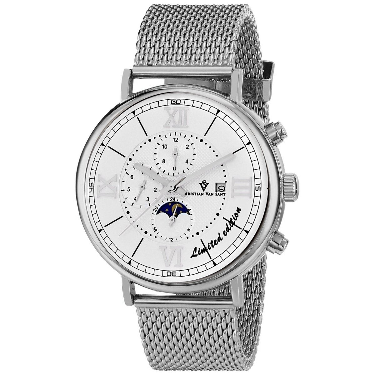 Christian Van Sant men's Luxe Collection watch with a sleek metal band and elegant round dial, showcasing sophisticated watch design.