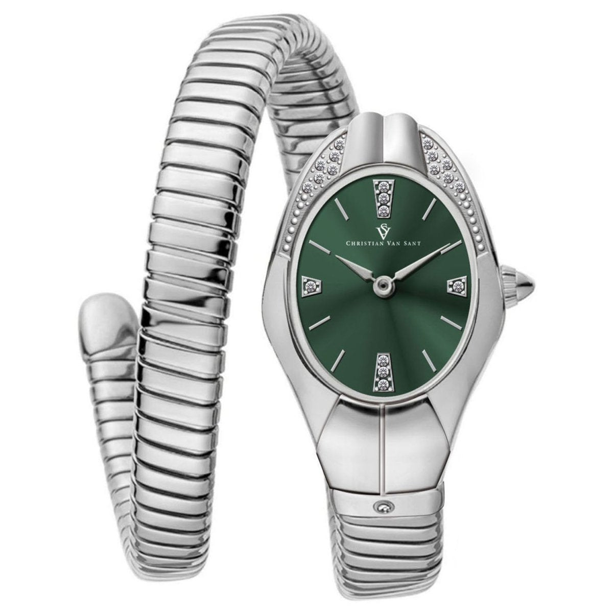 Christian Van Sant women's Naga watch with a sleek design and silver-tone strap, displayed on a white background.