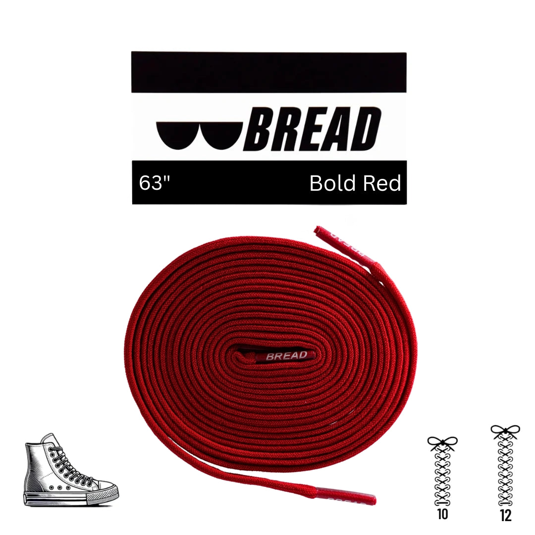 Elastic shoelace in bold red by Bread, showing close-up of the flexible, durable laces suitable for sneakers or athletic shoes.