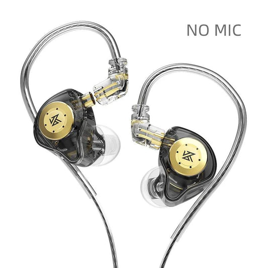 KZ EDX Pro in-ear monitor earphones with wired design, black with ear tips, showcasing bass, stereo sound, and noise-canceling features.