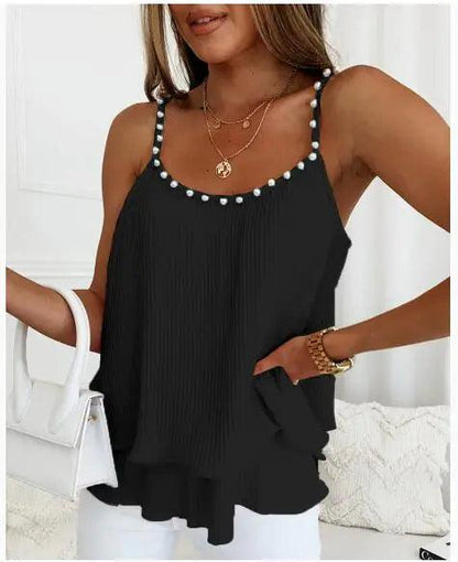Chic Pearl Pleated Tank Top - MANDOTOS