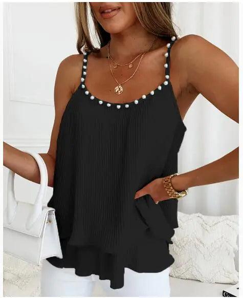Chic Pearl Pleated Tank Top - MANDOTOS