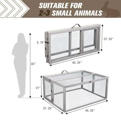 Compact Grey Rabbit Hutch with Folding Runway - MANDOTOS