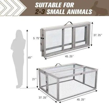 Compact Grey Rabbit Hutch with Folding Runway - MANDOTOS