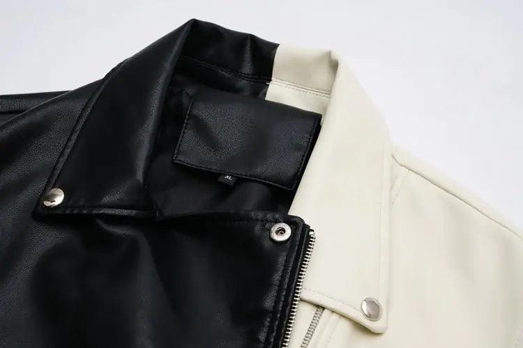 Contrast Vegan Leather Jacket - MANDOTOS