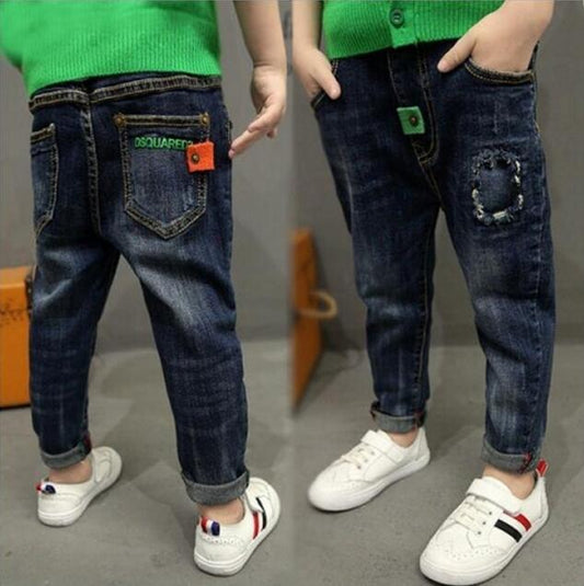Children's boys' denim trousers by Ancient Energy, casual blue denim pants with front pockets and adjustable waistband.