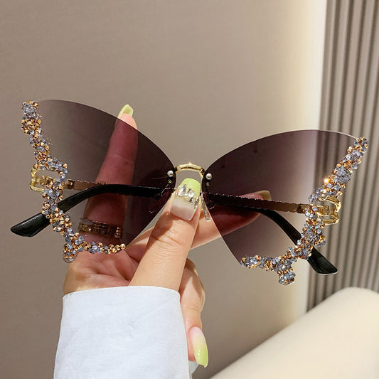 Luxury Diamond Butterfly Sunglasses Women Brand Y2K Vintage Rimless Oversized Sun Glasses Ladies Eyewear Shades - MANDOTOS