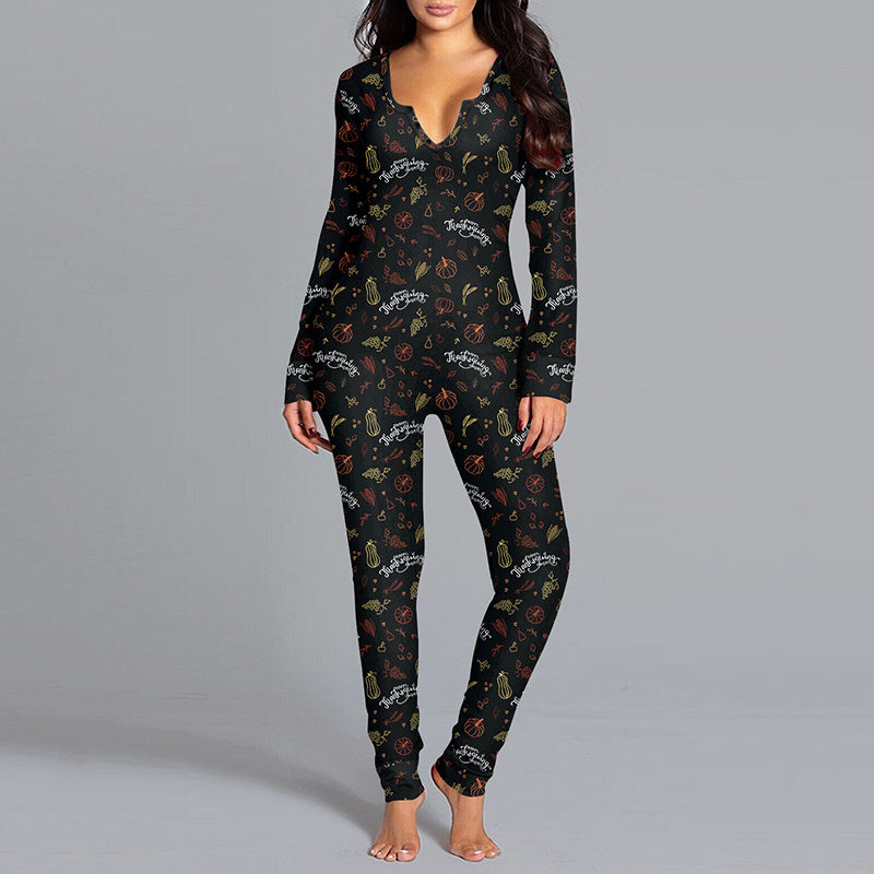 Halloween Printed Jumpsuit Long Sleeve Home Pajamas Casual Trousers Women's Cos Clothing - MANDOTOS
