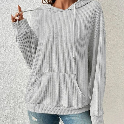 Fashion Drawstring Long-sleeved Hooded Sweatshirt With Pockets Solid Sunken Stripe Hoodie Knitwear Womens Clothing - MANDOTOS
