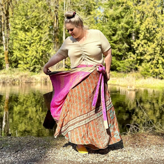Colorful sari wrap skirt by Darn Good Yarn, showcasing vibrant fabric and traditional handwoven design.