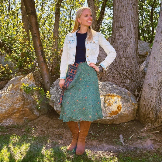 Colorful sari wrap skirt by Darn Good Yarn featuring vibrant fabric, wrapped style, and bohemian design.