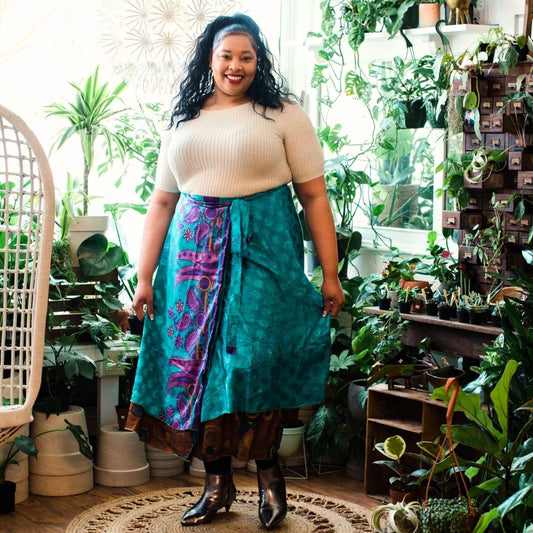 Colorful sari wrap skirt by Darn Good Yarn, showcasing vibrant fabric and traditional wrap-style design.