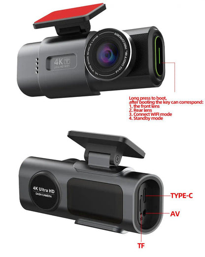 4K Dual Lens Dashboard Cam with Night Vision & GPS - Built-in Wi-Fi & Parking Mode - MANDOTOS