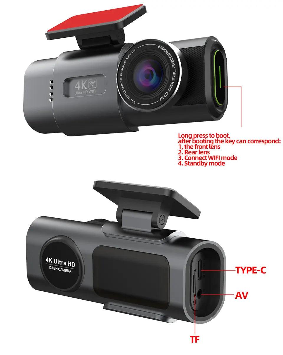 4K Dual Lens Dashboard Cam with Night Vision & GPS - Built-in Wi-Fi & Parking Mode - MANDOTOS