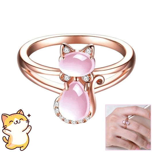 Rose Gold Plated Crystal Cute Animal Cat Ring Hibiscus Stone Crystal Diamond Ring Women Party Jewelry For Pet Lovers - MANDOTOS