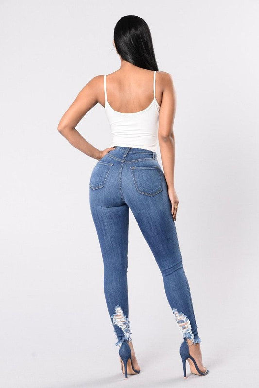 Denim Pencil Pants Slim Long Trousers Ripped Hole Stretch Feet Pants Female - MANDOTOS